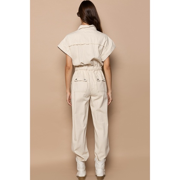POL Oatmeal Cream Button Front Elastic Waist Short Sleeve Jumpsuit - Picture 7 of 11
